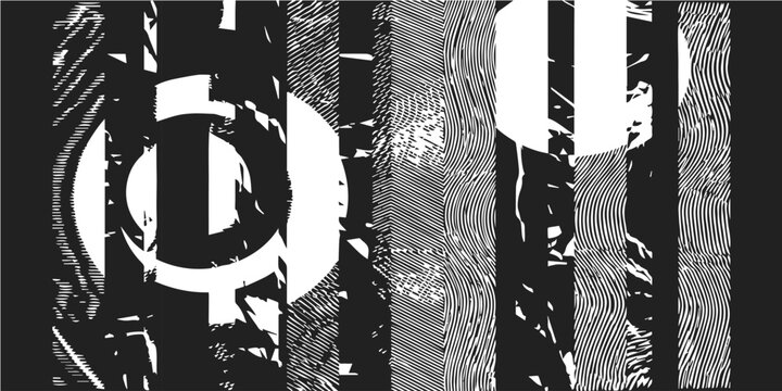 Abstract monochrome glitch art with circular element and vertical distorted stripes, representing digital noise and modern design.