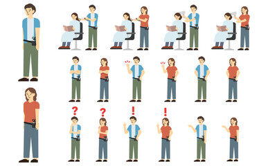 フラットイラスト：男女の美容師セット(表情あり)