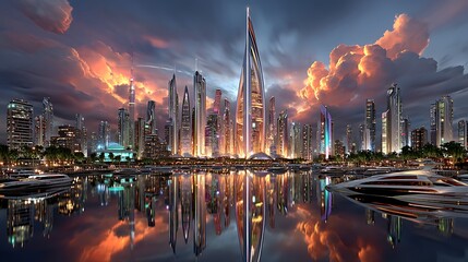Fototapeta premium Fantasy futuristic metropolis skyline at night high resolution picture