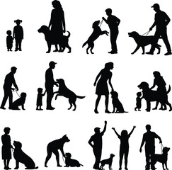 People, dogs, silhouettes, collection, pet, owners, walking, training, family, animals, black, isolated, vector, illustration, set, lifestyle, friendship, icons, care, love
