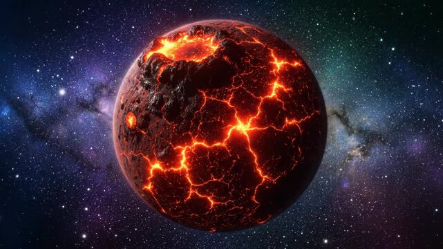 A molten planet glows with fiery cracks against a starry nebula. This celestial body represents a young, volatile world.