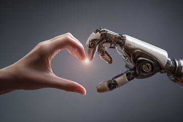 Naklejka premium Human hand and robotic hand forming a heart shape together