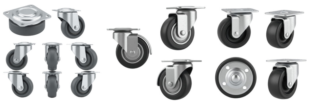 Set and collection of industrial heavy duty rubber swivel caster wheels and furniture hardware rollers isolated on white transparent png background