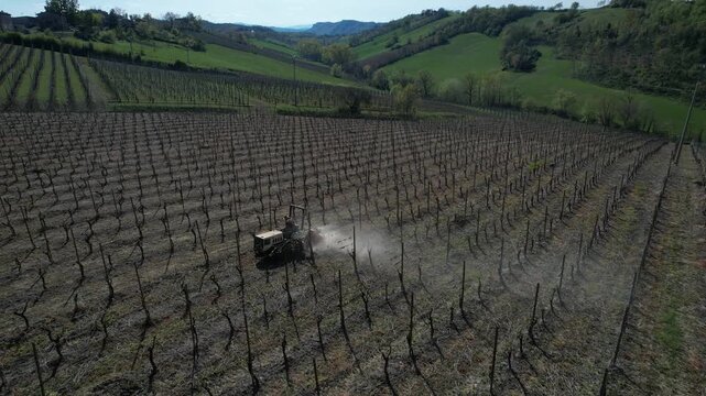 Tracked vineyard tractor performing soil leveling and inter-row maintenance in Colli Piacentini wine region, Piacenza, Italy, operating on structured vineyard pattern across hillside terrain