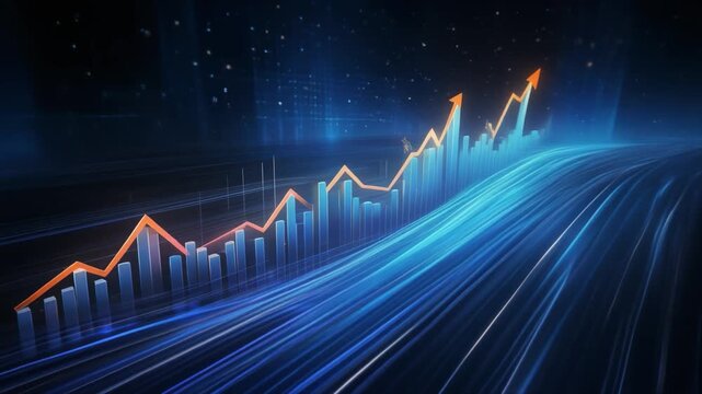 Futuristic Digital Bar Graph with Orange Line Chart Ascending on a Blue Streaking Background data finance