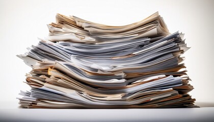 A Large Overwhelming Stack Of Paperwork Documents On A White Background