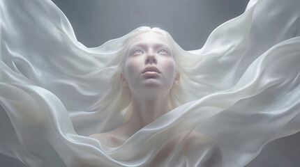 Ethereal woman with pale skin and white hair looking upward through flowing silk fabric. Surreal portrait of female figure surrounded by light drapery.