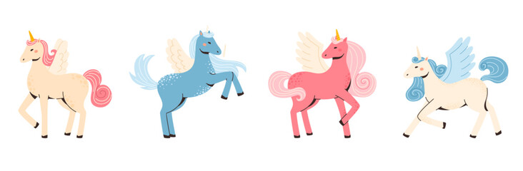 A set of fantasy pegasus unicorns. Magical horses with wings. © Kateryna Moskaleno