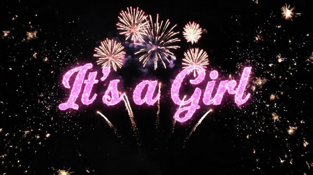 Pink glowing 'It's a Girl' text on a dark background with festive sparks, perfect for a gender reveal or baby announcement.