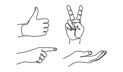 Hand Gesture Continuous Line Art Set &ndash; Thumbs Up, Peace Sign, Pointing and Open Palm Monoline Vector