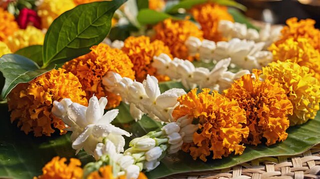 Close Up Of Orange Marigold and White Jasmine Flower Garlands Arranged On Green Banana Leaves
