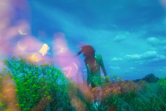 Portrait of surreal woman running away