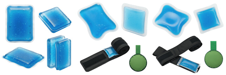 Set and collection of blue reusable gel ice packs and cooling therapy pads with adjustable velcro straps for pain relief and injury recovery isolated on white transparent PNG background © wonderfull