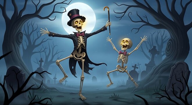 Cartoon skeletons dancing joyfully under full moon night sky