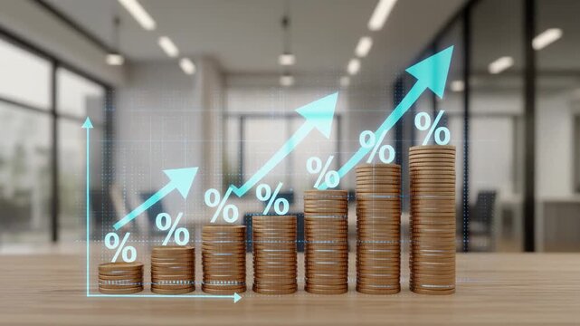 Stacked coins in ascending order with rising line chart, arrows, and percentages symbolizing financial growth and investment trends.