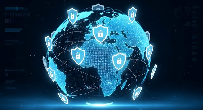Digital globe protected by security shields representing global data protection