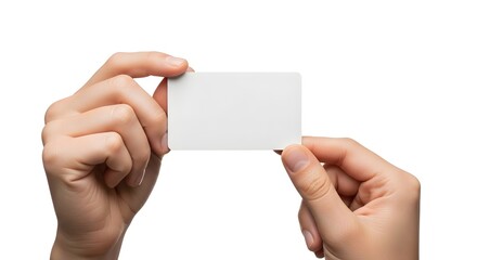 Hands Holding Blank White Card Isolated