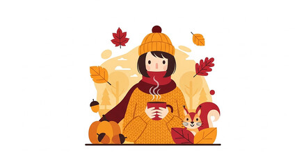 Fototapeta premium A young girl in an orange dress holding a cup on a fall day