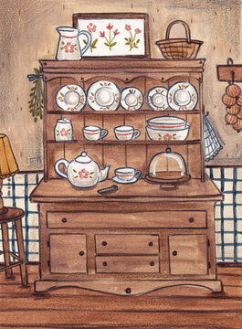 Illustration of a wooden shelf with plates