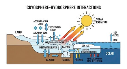 Obraz premium Interactions between Cryosphere and Hydrosphere illustrated through Atmospheric Processes and Solar Radiation