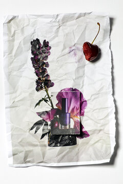 Creative flower arrangement on crumpled paper with cherries
