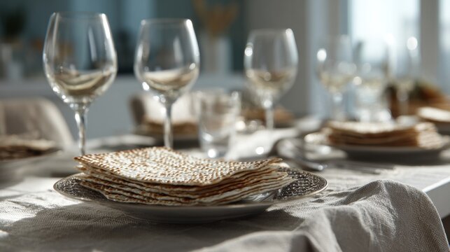 Passover seder table with matzo and wine glasses set for holiday celebration
