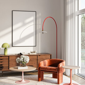 Modern Living Room Poster Frame Mockup with Natural Light and Minimalist Decoration. 3D render.