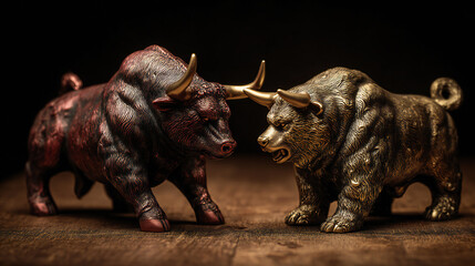 Fototapeta premium Financial stock market bull and bear bronze sculptures on trading floor with luxury gold red tones