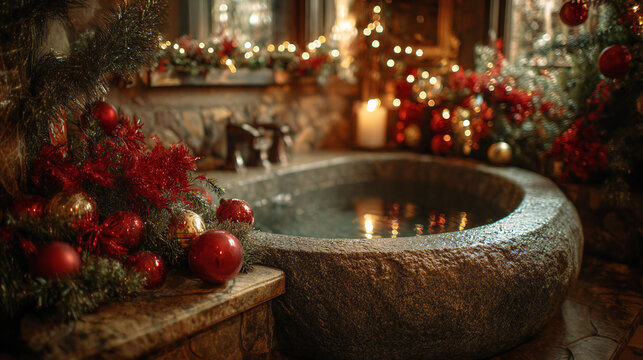 Zen bathroom with stone bathtub decorated for Christmas, pine branches and fairy lights, cozy holiday atmosphere