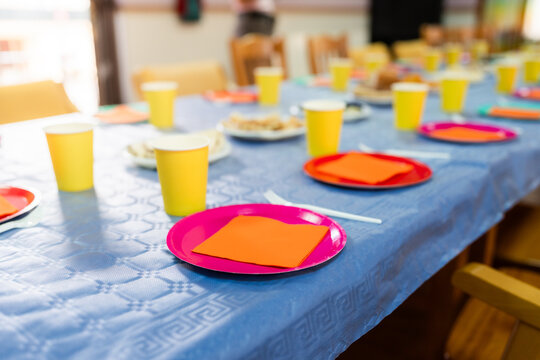 Colorful table setting welcoming guests for a birthday party