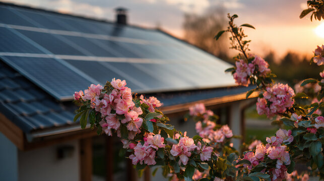 Solar panels on modern eco-friendly house roof at sunset, spring garden flowers, symmetrical flat lay