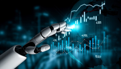 A robotic hand reaches out to interact with digital financial data and charts, illustrating technological advancements in market analysis and investment strategies. Scalp