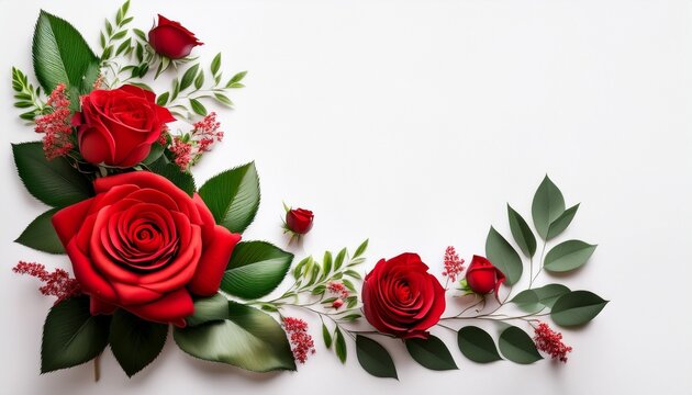 Isolated Corner Floral Arrangement Featuring Red Roses Buds And Greenery On A White Background