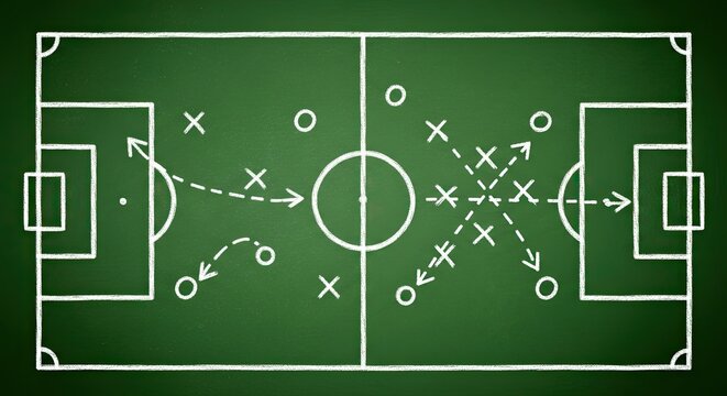 Tactical soccer strategy diagram on a green field illustrating player positions and movements