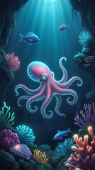 Obraz premium Octopus swimming among vibrant coral reefs in deep blue ocean. Marine life in underwater cave with tropical fish and aquatic plants.