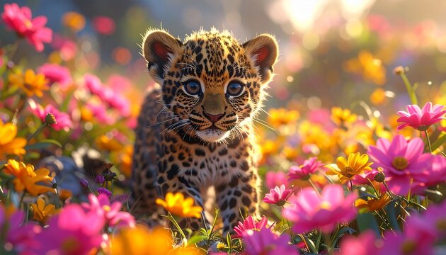 Leopardenbaby im Blumenfeld