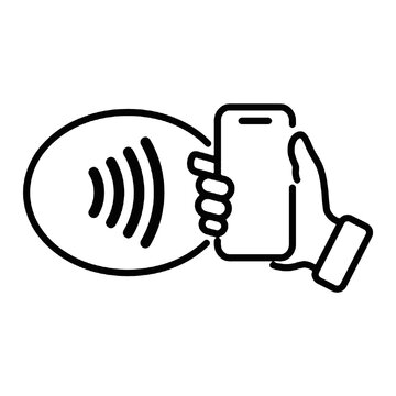 NFC technology. Hand holding Phone. Contactless wireless pay sign logo. Near Field Communication NFC payment concept. Contain less. NFC payment with mobile phone. Credit card.