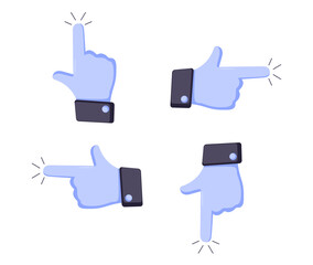 Hand pointing icons with extended index fingers pointing up, down, left and right. Flat vector illustration ideal for UI/UX design, mobile apps,