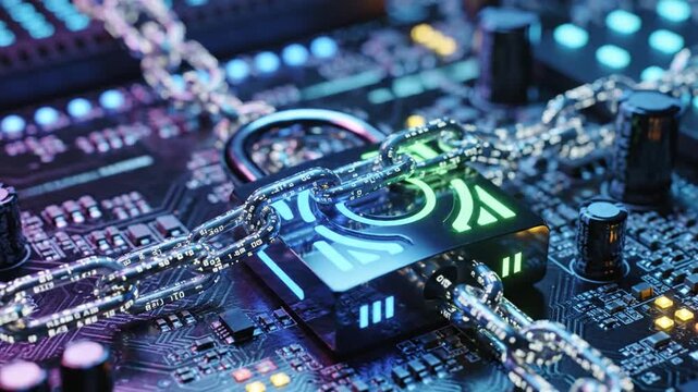 A padlock secures a computer chip on a circuit board with blurred background lights, symbolizing data protection