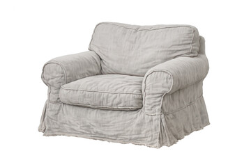 White linen slipcover armchair providing comfort and relaxed seating for cozy home interiors, transparent background