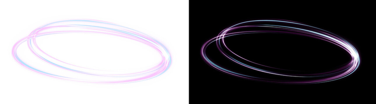 Abstract glowing neon light ring, futuristic elliptical frame with pink and blue light trails, glowing magic circle isolated element.