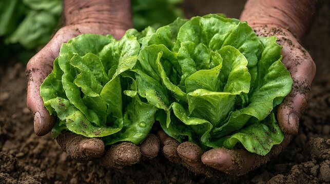 Large green lettuce leaves rest in hands, nestled in the loose, soft soil of a garden.