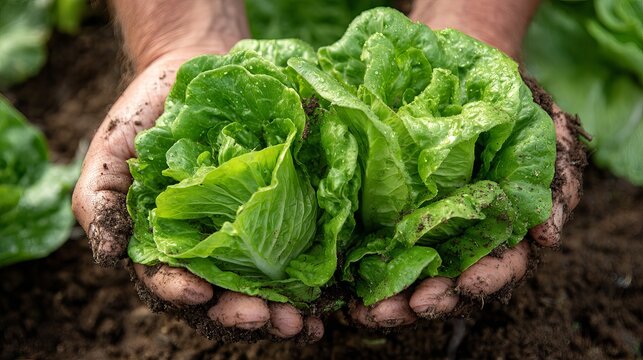 Large green lettuce leaves rest in hands, nestled in the loose, soft soil of a garden.