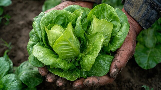 Large green lettuce leaves rest in hands, nestled in the loose, soft soil of a garden.