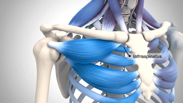 Human skeletal anatomy with highlighted infraspinatus muscle.