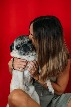 Senior pug and his human 