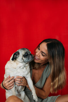 Senior pug and his human 