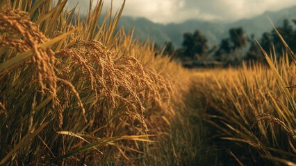 Golden rice field in a rural setting