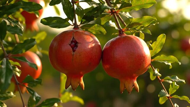 Ripe pomegranates hanging from a tree branch under warm sunlight in an orchard
