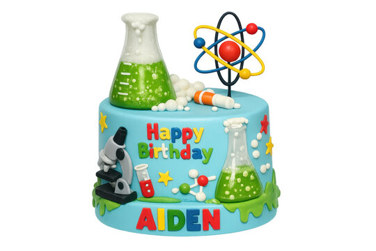 Science birthday cake with beaker and atom model